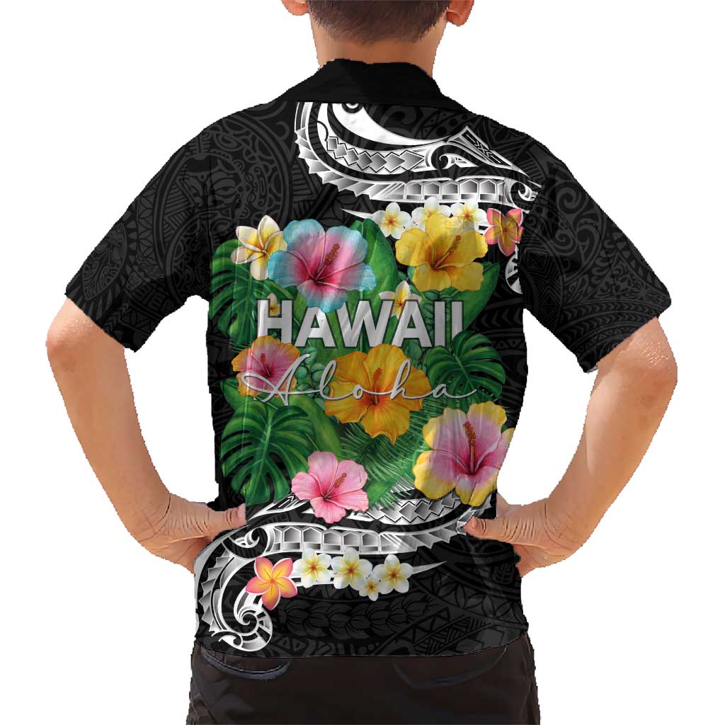 Hawaii Aloha Tropical Leaves and Flower Hawaiian Shirt with Polynesian Art Tattoo Black Color - Polynesian Pride
