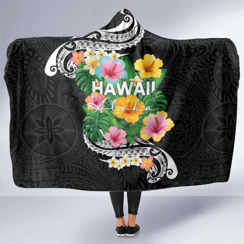 Hawaii Aloha Tropical Leaves and Flower Hooded Blanket with Polynesian Art Tattoo Black Color - Polynesian Pride