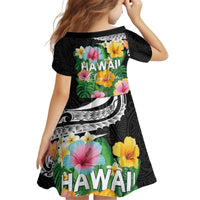 Hawaii Aloha Tropical Leaves and Flower Kid Short Sleeve Dress with Polynesian Art Tattoo Black Color - Polynesian Pride