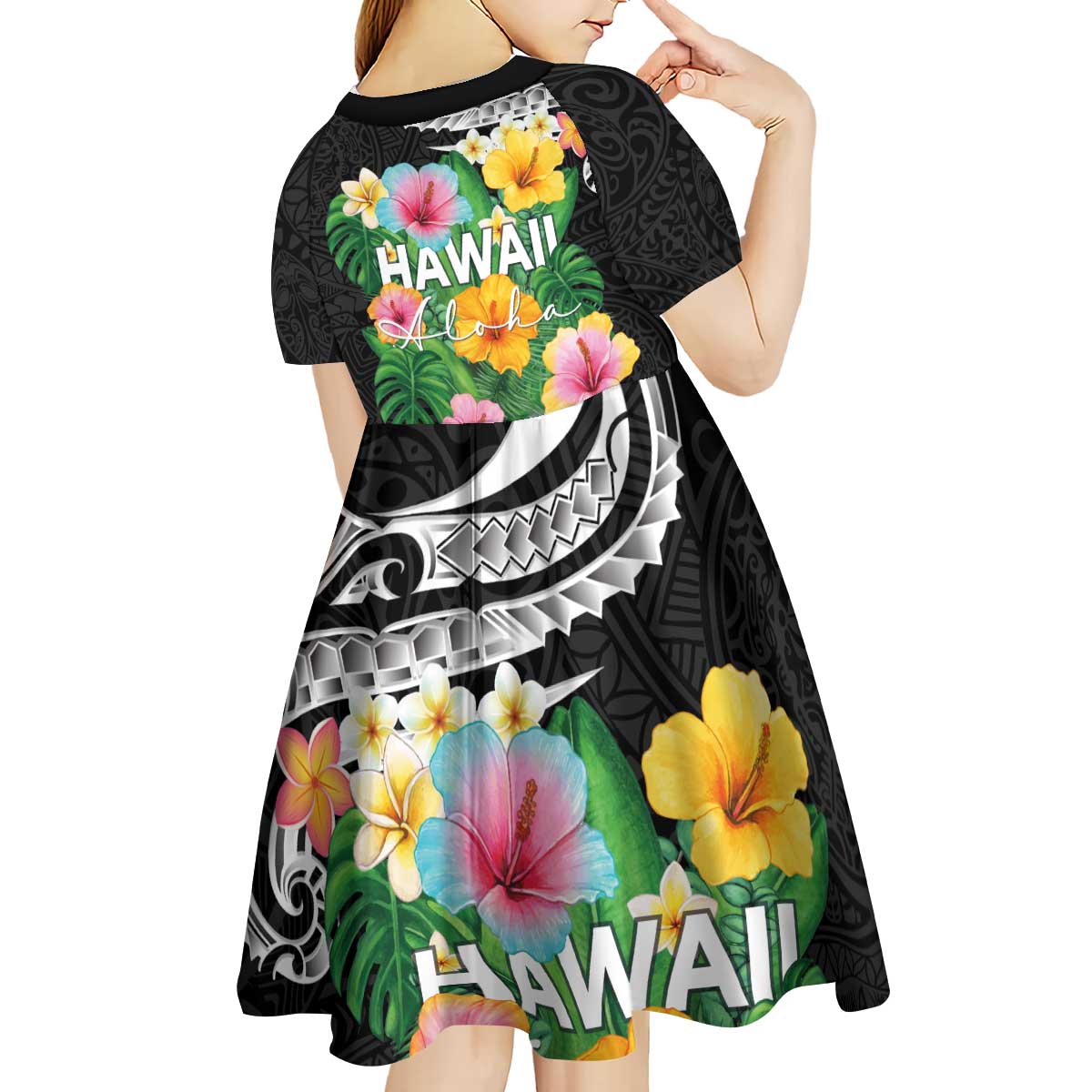 Hawaii Aloha Tropical Leaves and Flower Kid Short Sleeve Dress with Polynesian Art Tattoo Black Color - Polynesian Pride