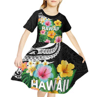 Hawaii Aloha Tropical Leaves and Flower Kid Short Sleeve Dress with Polynesian Art Tattoo Black Color - Polynesian Pride