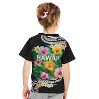 Hawaii Aloha Tropical Leaves and Flower Kid T Shirt with Polynesian Art Tattoo Black Color - Polynesian Pride