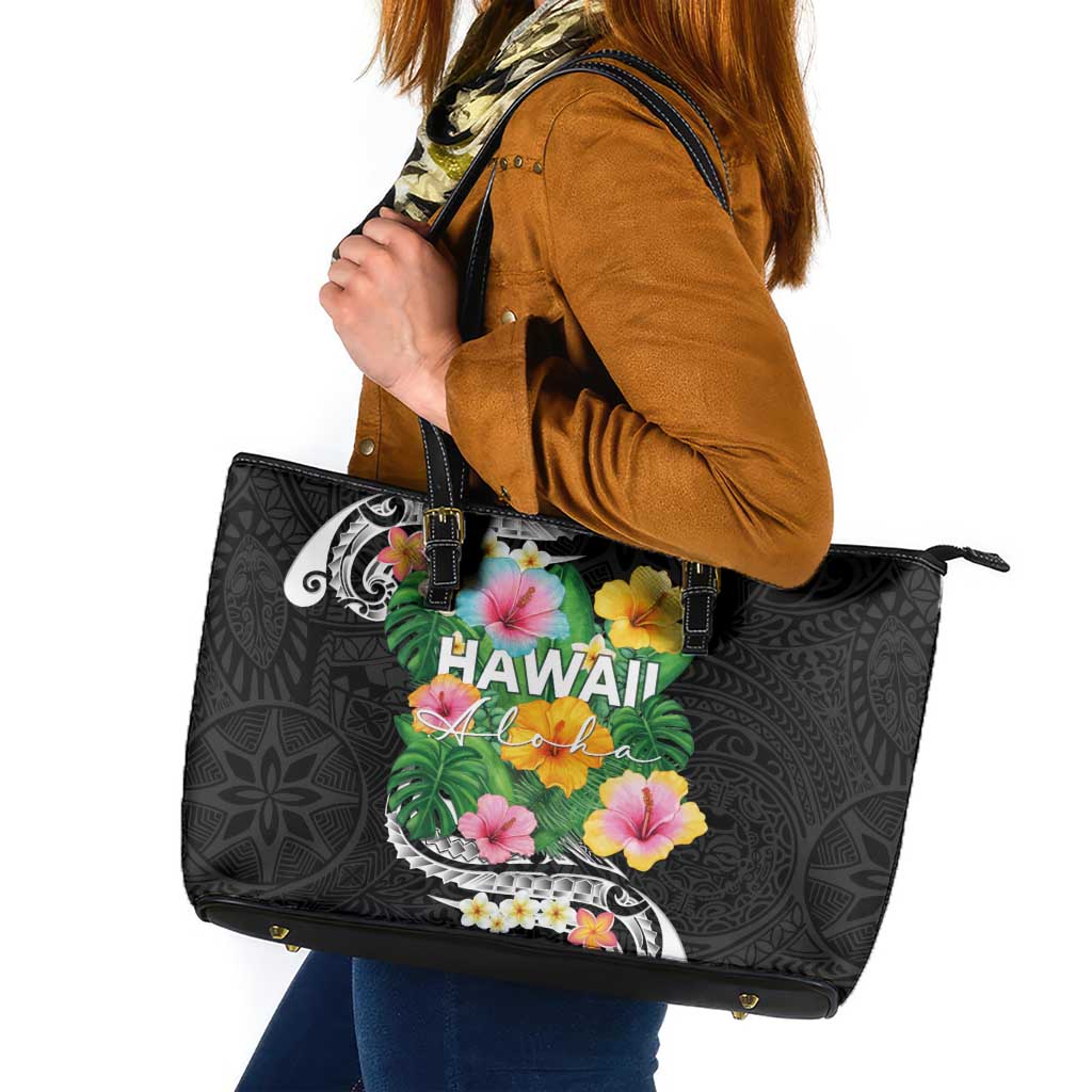 Hawaii Aloha Tropical Leaves and Flower Leather Tote Bag with Polynesian Art Tattoo Black Color - Polynesian Pride
