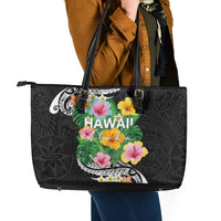 Hawaii Aloha Tropical Leaves and Flower Leather Tote Bag with Polynesian Art Tattoo Black Color - Polynesian Pride