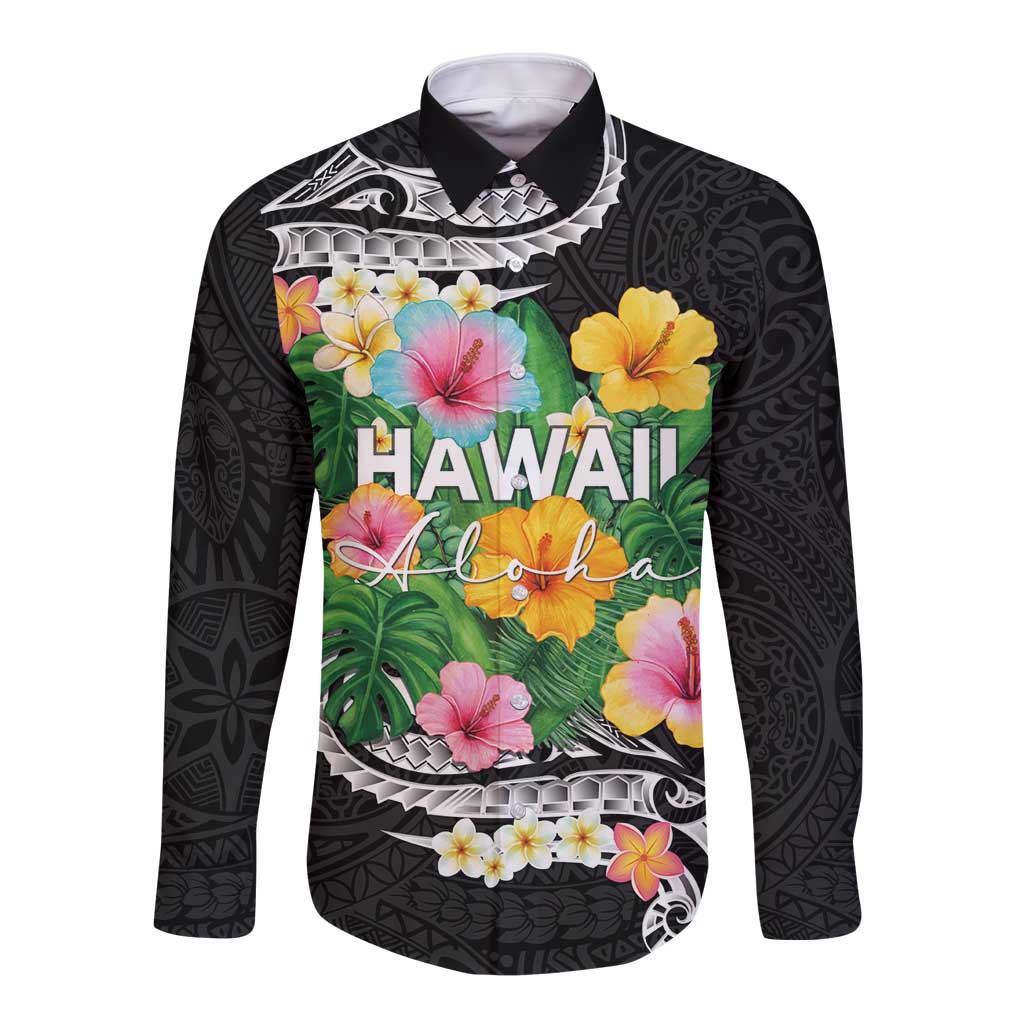 Hawaii Aloha Tropical Leaves and Flower Long Sleeve Button Shirt with Polynesian Art Tattoo Black Color - Polynesian Pride