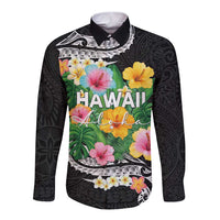 Hawaii Aloha Tropical Leaves and Flower Long Sleeve Button Shirt with Polynesian Art Tattoo Black Color - Polynesian Pride