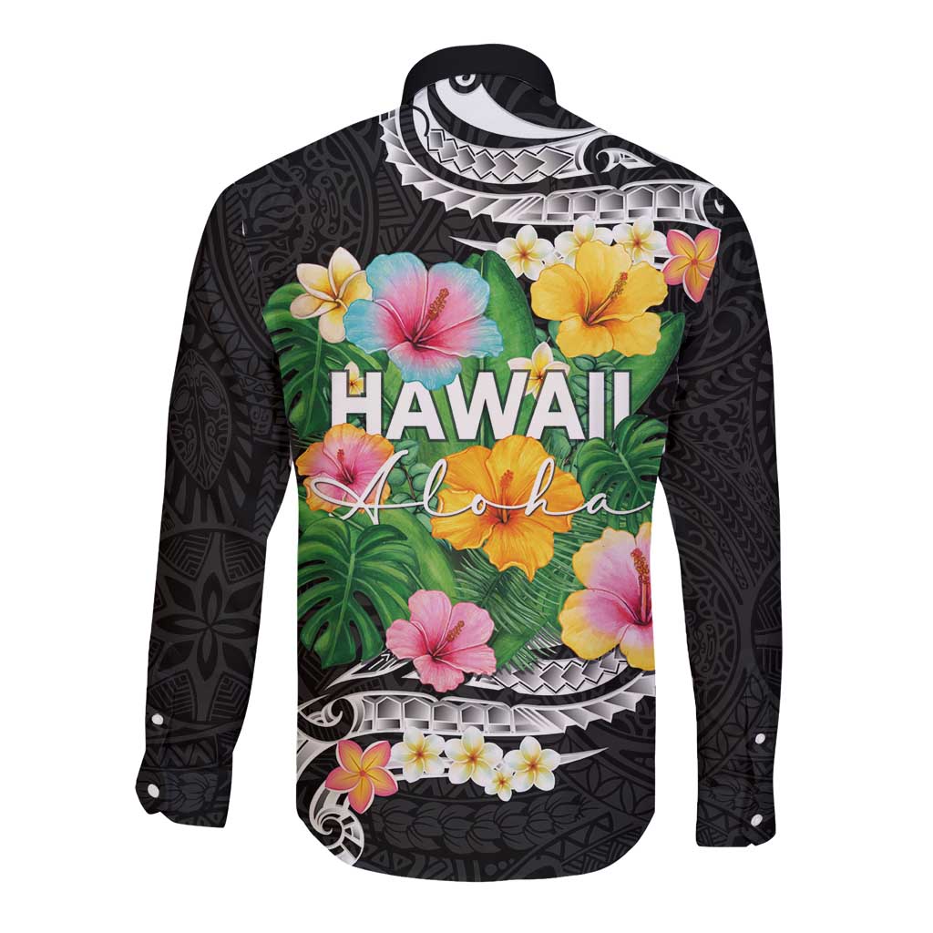 Hawaii Aloha Tropical Leaves and Flower Long Sleeve Button Shirt with Polynesian Art Tattoo Black Color - Polynesian Pride