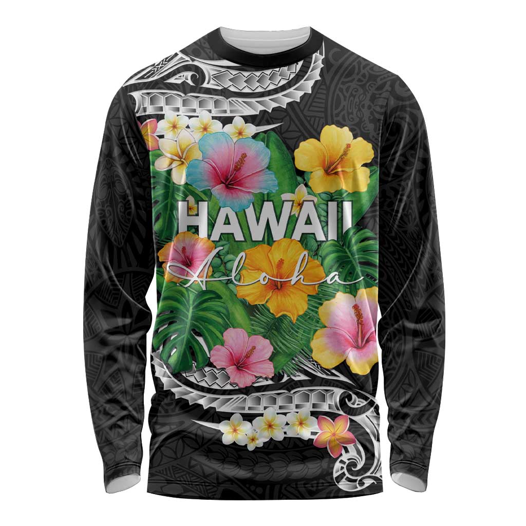 Hawaii Aloha Tropical Leaves and Flower Long Sleeve Shirt with Polynesian Art Tattoo Black Color - Polynesian Pride