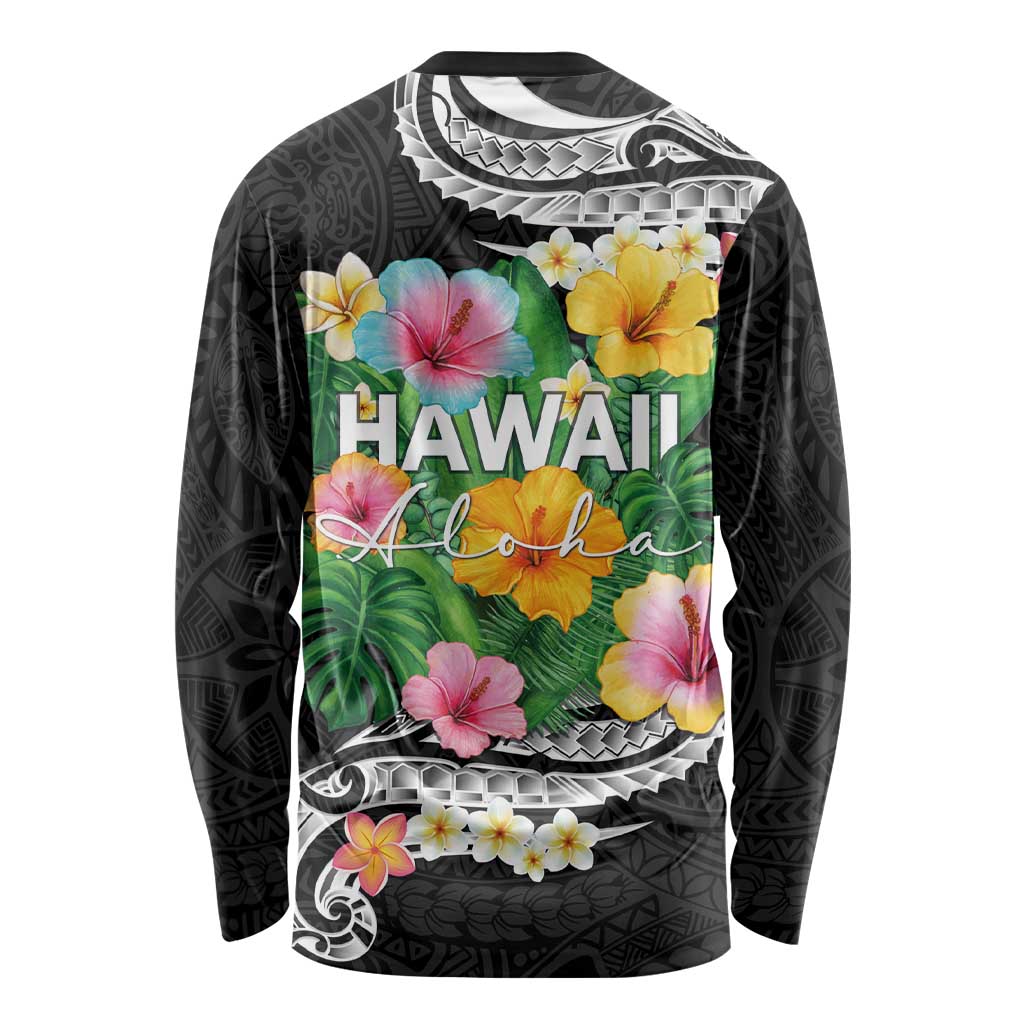 Hawaii Aloha Tropical Leaves and Flower Long Sleeve Shirt with Polynesian Art Tattoo Black Color - Polynesian Pride