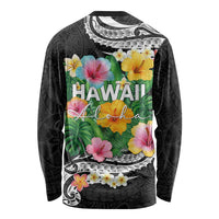 Hawaii Aloha Tropical Leaves and Flower Long Sleeve Shirt with Polynesian Art Tattoo Black Color - Polynesian Pride