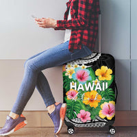 Hawaii Aloha Tropical Leaves and Flower Luggage Cover with Polynesian Art Tattoo Black Color - Polynesian Pride