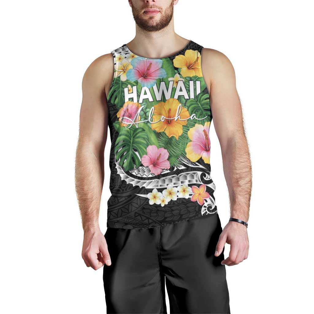 Hawaii Aloha Tropical Leaves and Flower Men Tank Top with Polynesian Art Tattoo Black Color LT03 - Polynesian Pride