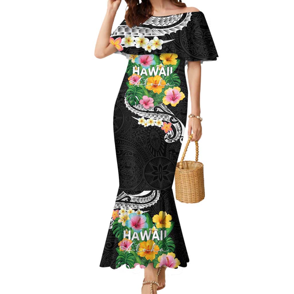 Hawaii Aloha Tropical Leaves and Flower Mermaid Dress with Polynesian Art Tattoo Black Color - Polynesian Pride