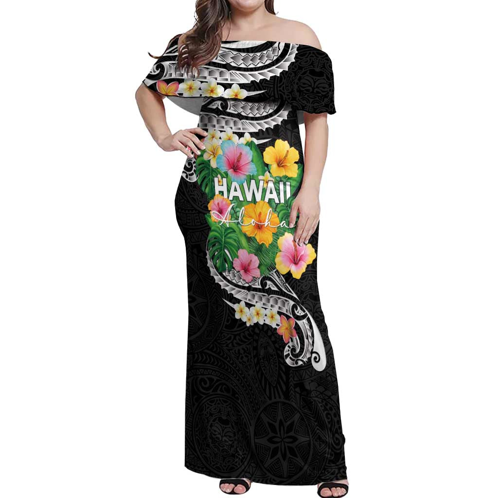 Hawaii Aloha Tropical Leaves and Flower Off Shoulder Maxi Dress with Polynesian Art Tattoo Black Color LT03 Women Black - Polynesian Pride