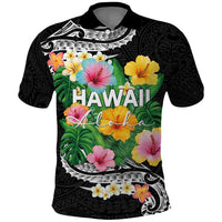 Hawaii Aloha Tropical Leaves and Flower Polo Shirt with Polynesian Art Tattoo Black Color - Polynesian Pride