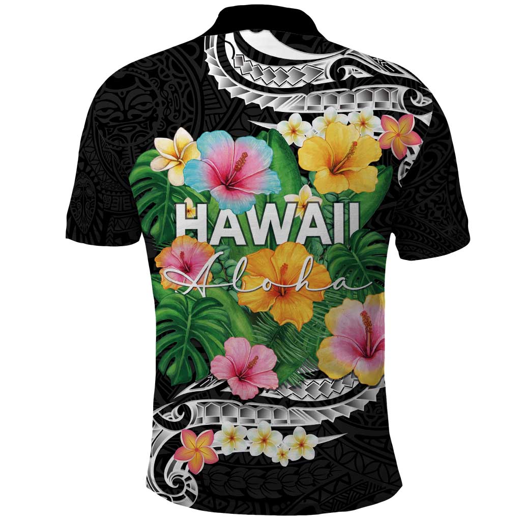 Hawaii Aloha Tropical Leaves and Flower Polo Shirt with Polynesian Art Tattoo Black Color - Polynesian Pride