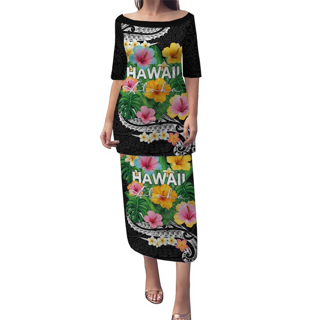 Hawaii Aloha Tropical Leaves and Flower Puletasi with Polynesian Art Tattoo Black Color - Polynesian Pride