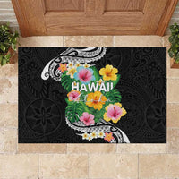 Hawaii Aloha Tropical Leaves and Flower Rubber Doormat with Polynesian Art Tattoo Black Color - Polynesian Pride