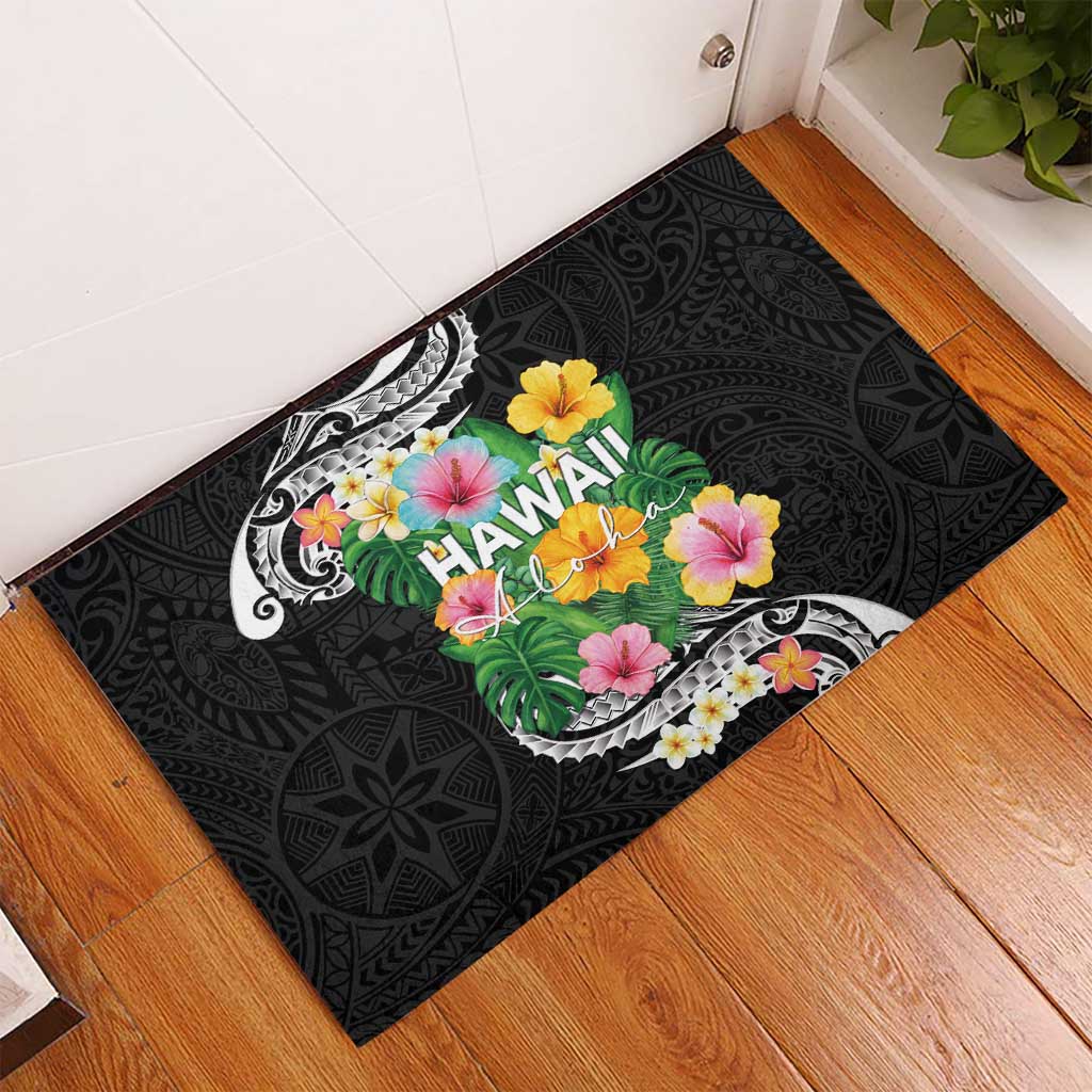 Hawaii Aloha Tropical Leaves and Flower Rubber Doormat with Polynesian Art Tattoo Black Color - Polynesian Pride