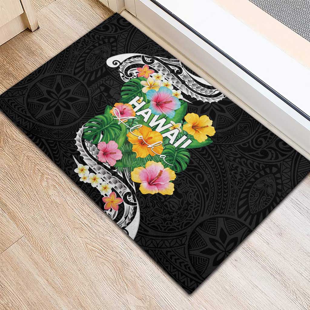 Hawaii Aloha Tropical Leaves and Flower Rubber Doormat with Polynesian Art Tattoo Black Color - Polynesian Pride