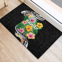 Hawaii Aloha Tropical Leaves and Flower Rubber Doormat with Polynesian Art Tattoo Black Color - Polynesian Pride