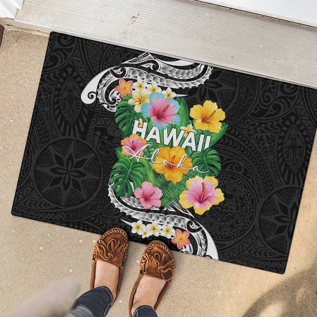Hawaii Aloha Tropical Leaves and Flower Rubber Doormat with Polynesian Art Tattoo Black Color - Polynesian Pride