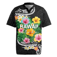 Hawaii Aloha Tropical Leaves and Flower Rugby Jersey with Polynesian Art Tattoo Black Color - Polynesian Pride