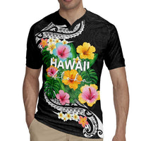 Hawaii Aloha Tropical Leaves and Flower Rugby Jersey with Polynesian Art Tattoo Black Color - Polynesian Pride