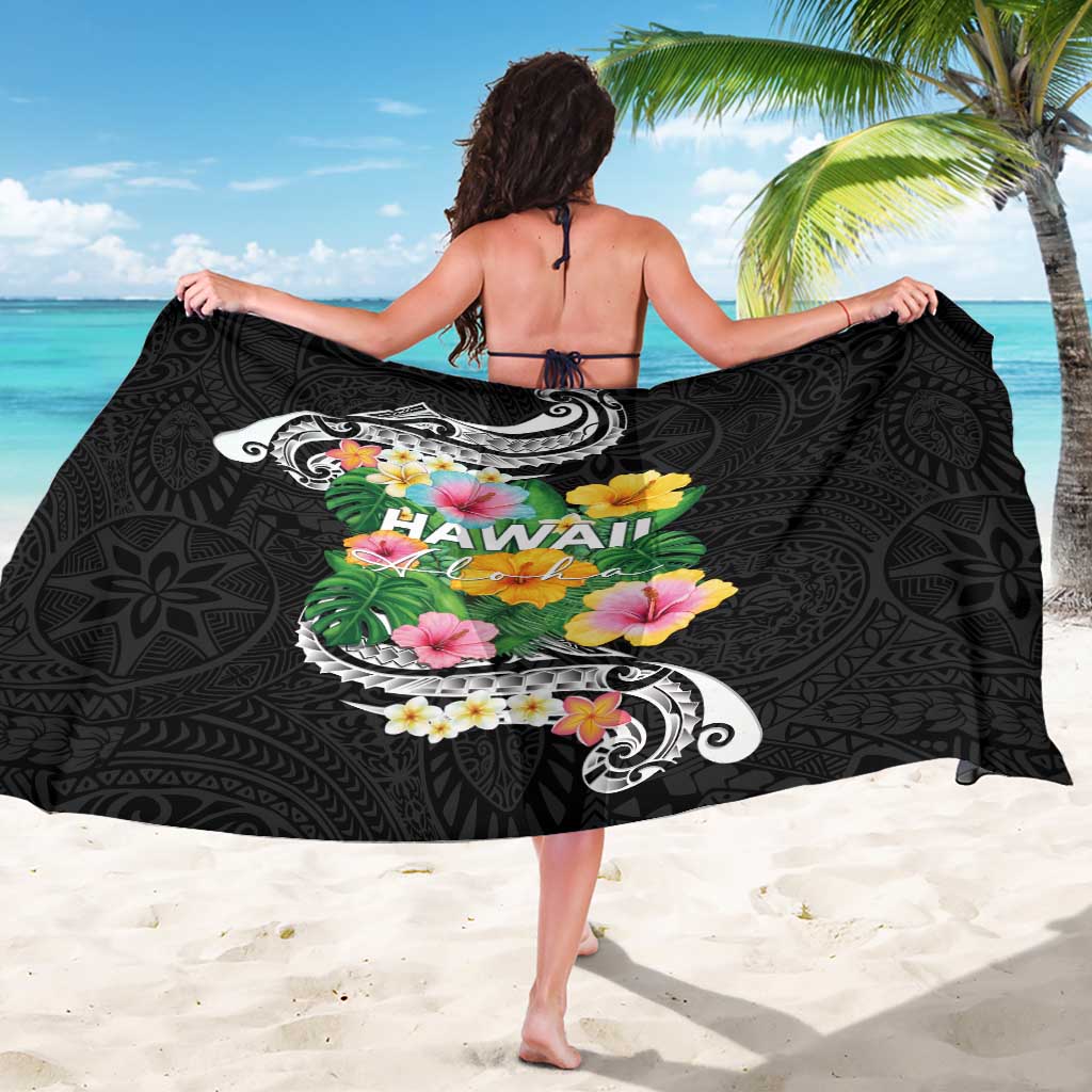 Hawaii Aloha Tropical Leaves and Flower Sarong with Polynesian Art Tattoo Black Color - Polynesian Pride