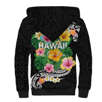 Hawaii Aloha Tropical Leaves and Flower Sherpa Hoodie with Polynesian Art Tattoo Black Color LT03 - Polynesian Pride