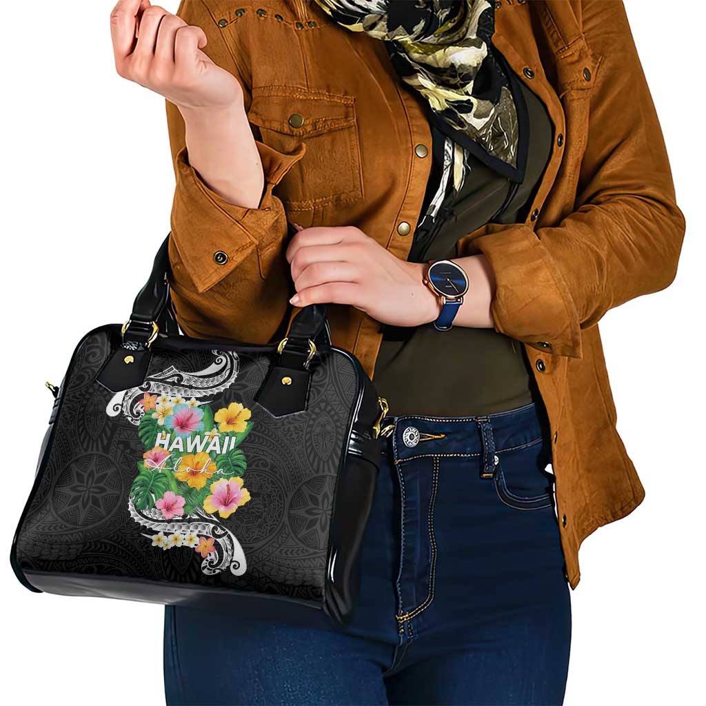 Hawaii Aloha Tropical Leaves and Flower Shoulder Handbag with Polynesian Art Tattoo Black Color - Polynesian Pride