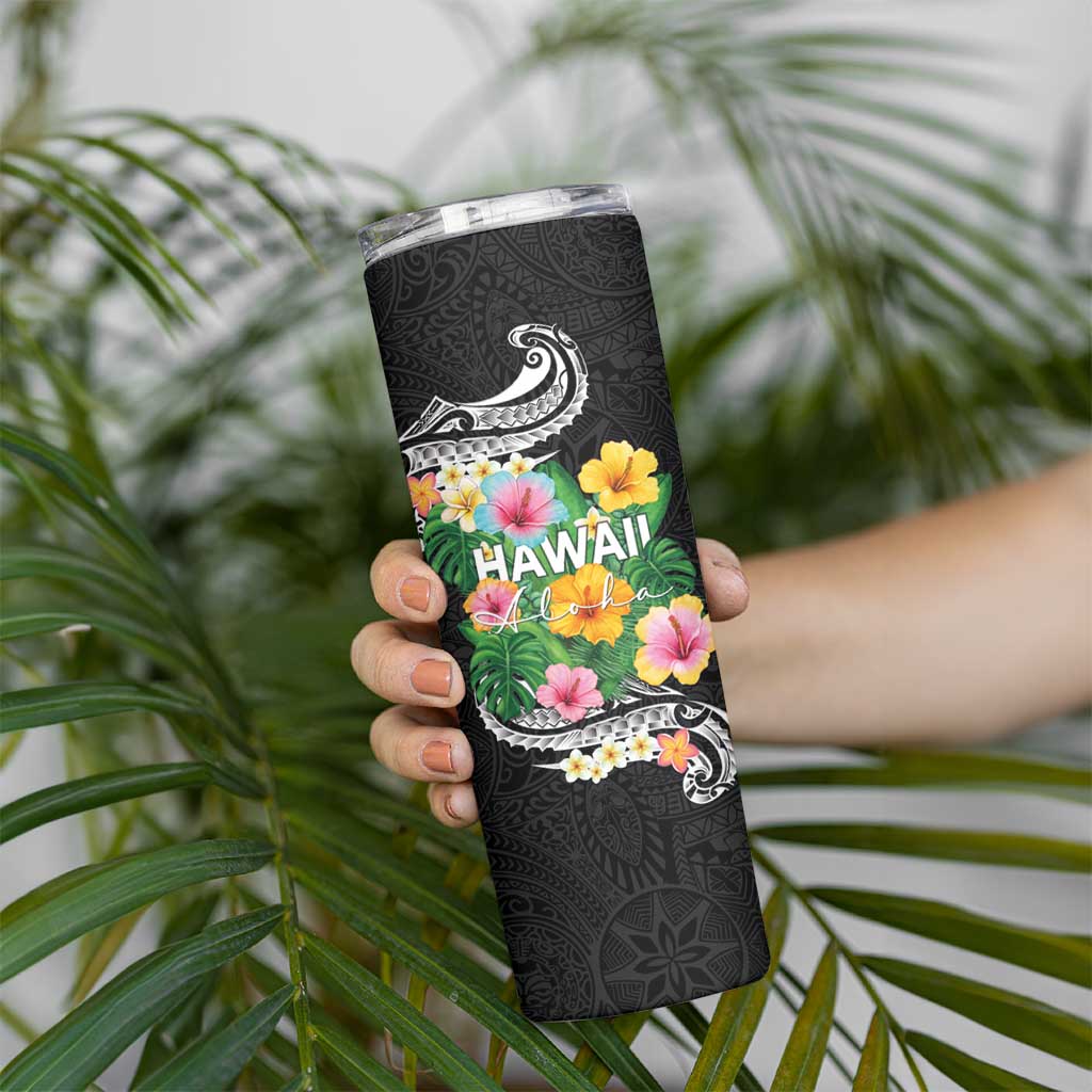 Hawaii Aloha Tropical Leaves and Flower Skinny Tumbler with Polynesian Art Tattoo Black Color - Polynesian Pride