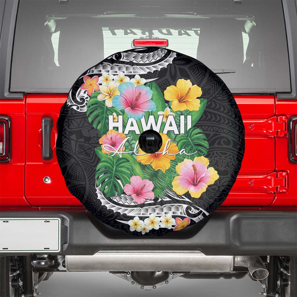 Hawaii Aloha Tropical Leaves and Flower Spare Tire Cover with Polynesian Art Tattoo Black Color - Polynesian Pride