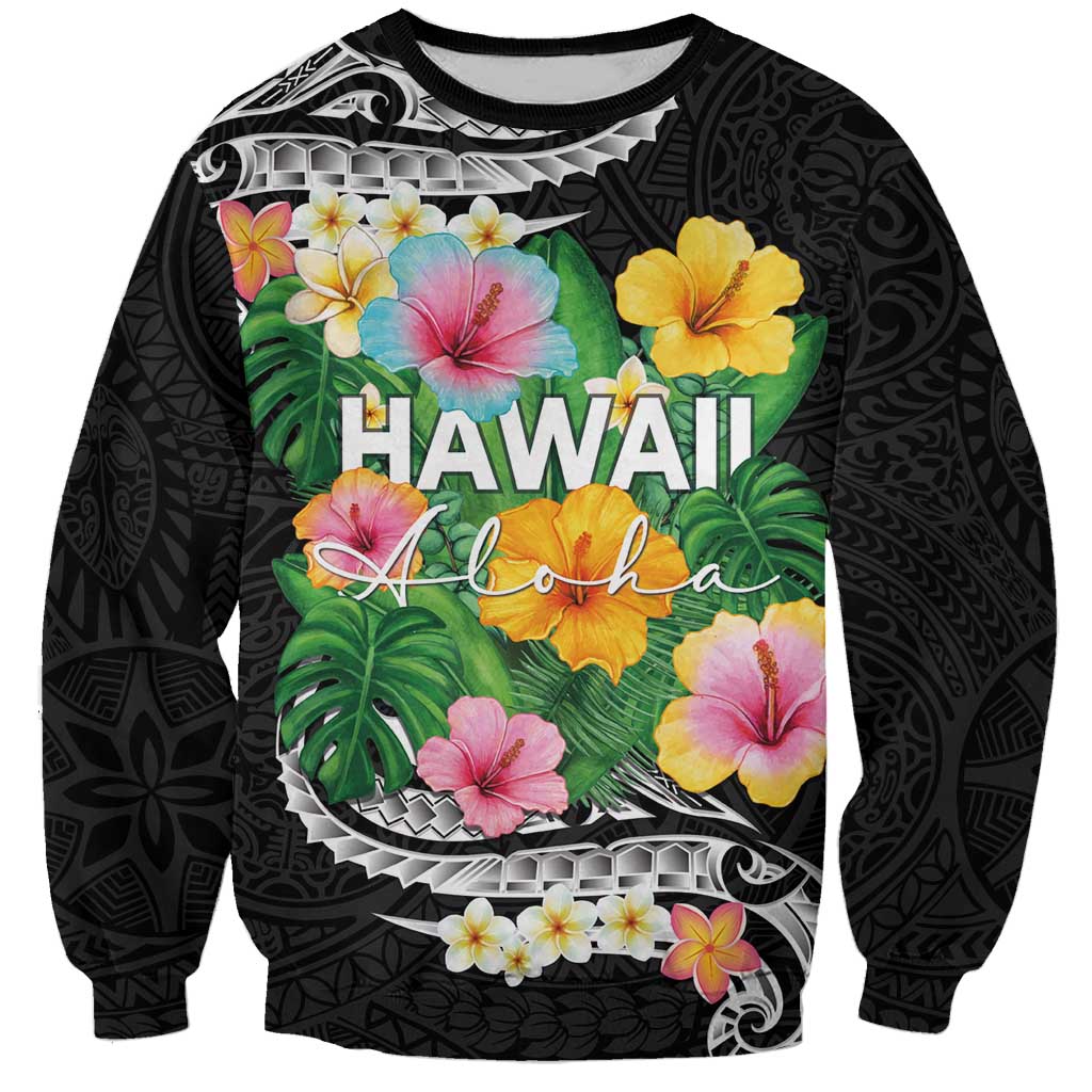 Hawaii Aloha Tropical Leaves and Flower Sweatshirt with Polynesian Art Tattoo Black Color - Polynesian Pride
