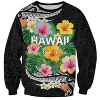 Hawaii Aloha Tropical Leaves and Flower Sweatshirt with Polynesian Art Tattoo Black Color - Polynesian Pride