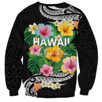 Hawaii Aloha Tropical Leaves and Flower Sweatshirt with Polynesian Art Tattoo Black Color - Polynesian Pride