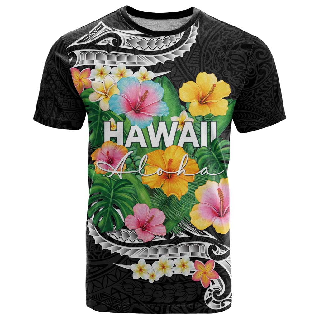 Hawaii Aloha Tropical Leaves and Flower T Shirt with Polynesian Art Tattoo Black Color - Polynesian Pride