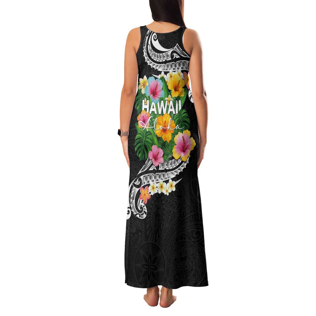 Hawaii Aloha Tropical Leaves and Flower Tank Maxi Dress with Polynesian Art Tattoo Black Color - Polynesian Pride