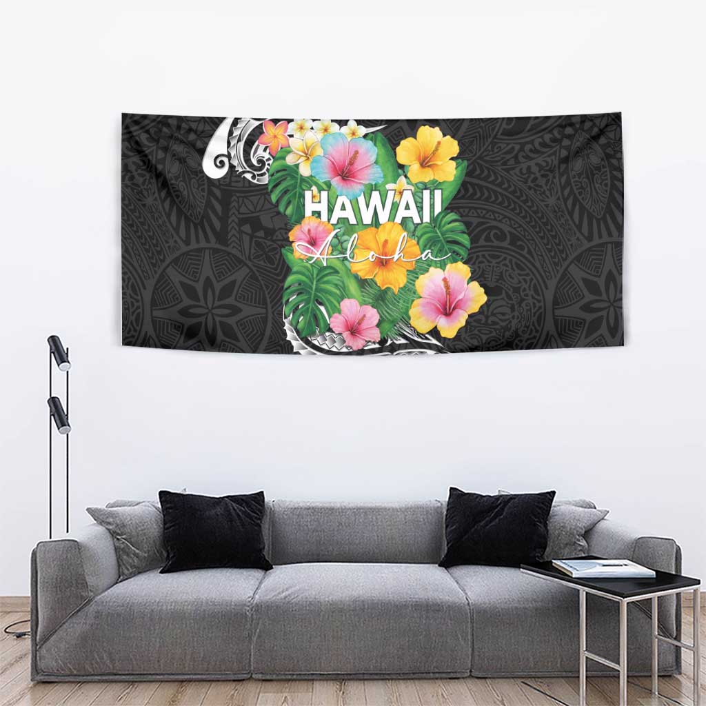 Hawaii Aloha Tropical Leaves and Flower Tapestry with Polynesian Art Tattoo Black Color - Polynesian Pride