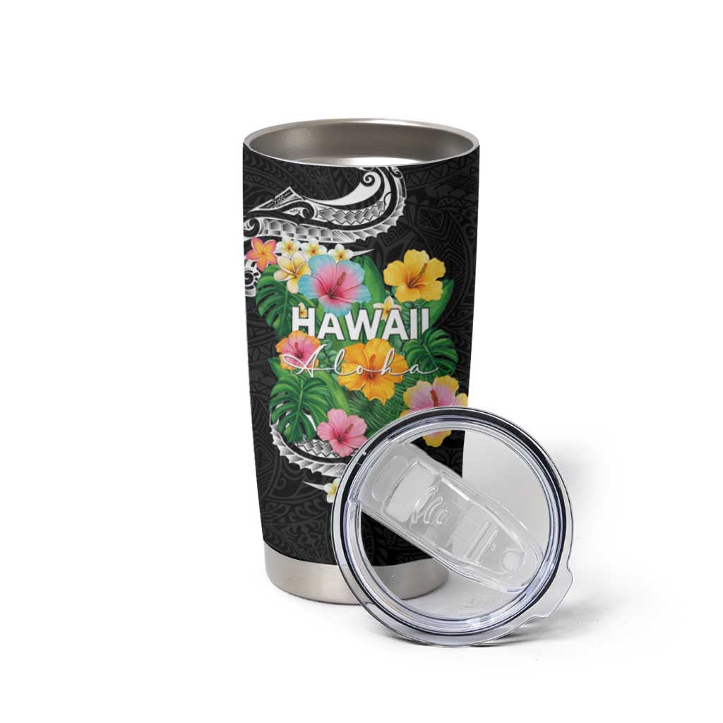 Hawaii Aloha Tropical Leaves and Flower Tumbler Cup with Polynesian Art Tattoo Black Color - Polynesian Pride