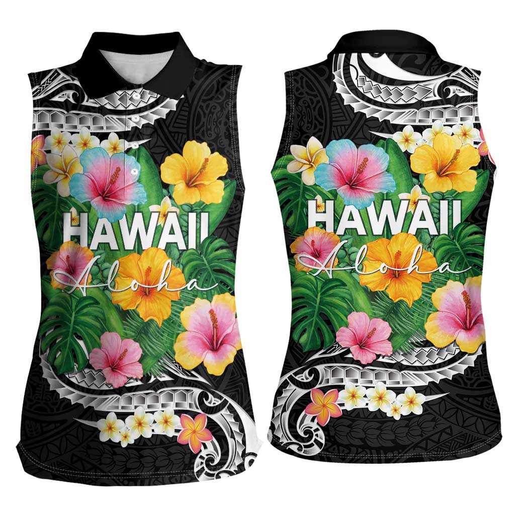 Hawaii Aloha Tropical Leaves and Flower Women Sleeveless Polo Shirt with Polynesian Art Tattoo Black Color - Polynesian Pride