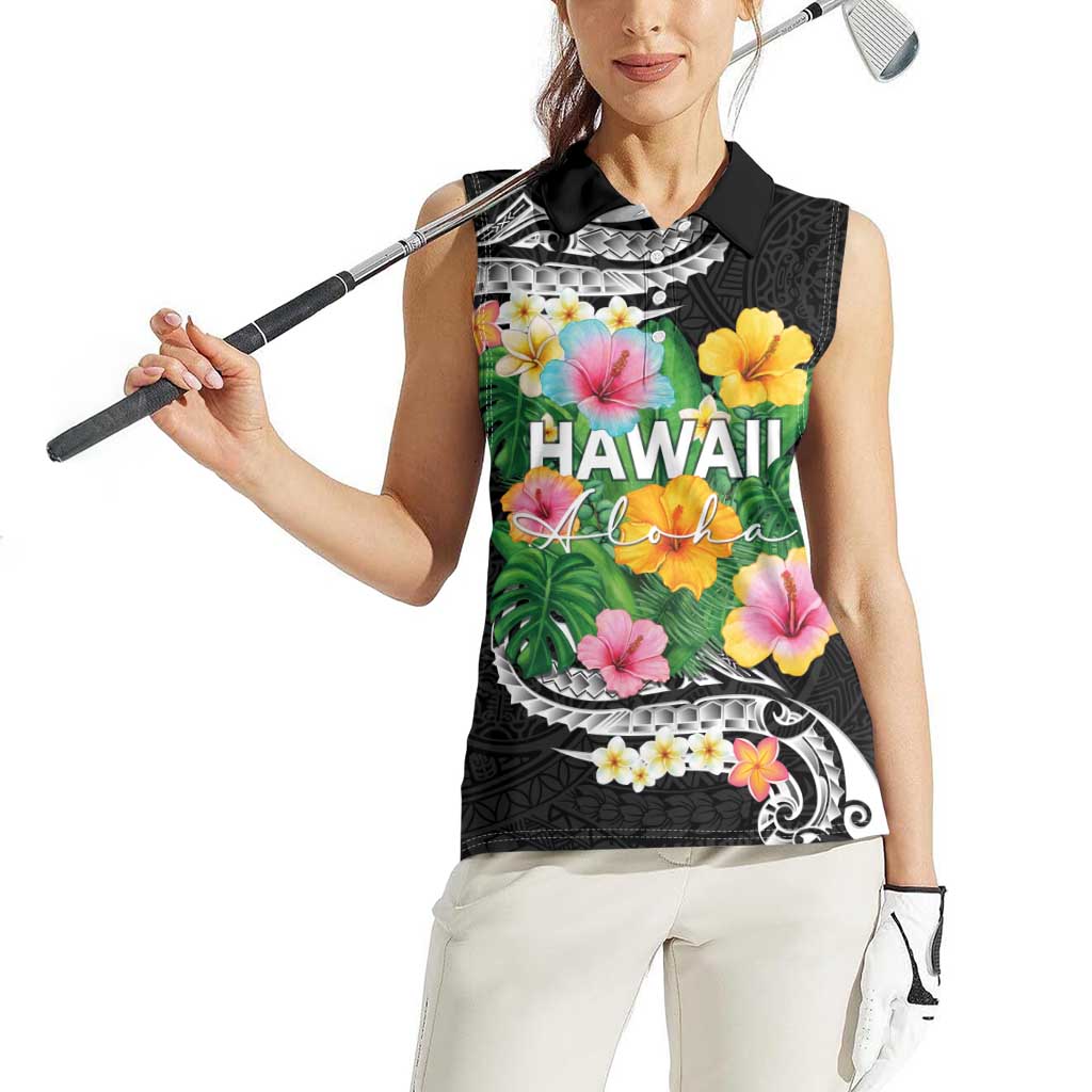 Hawaii Aloha Tropical Leaves and Flower Women Sleeveless Polo Shirt with Polynesian Art Tattoo Black Color - Polynesian Pride