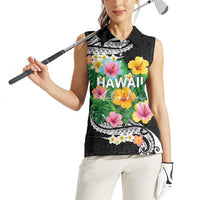 Hawaii Aloha Tropical Leaves and Flower Women Sleeveless Polo Shirt with Polynesian Art Tattoo Black Color - Polynesian Pride