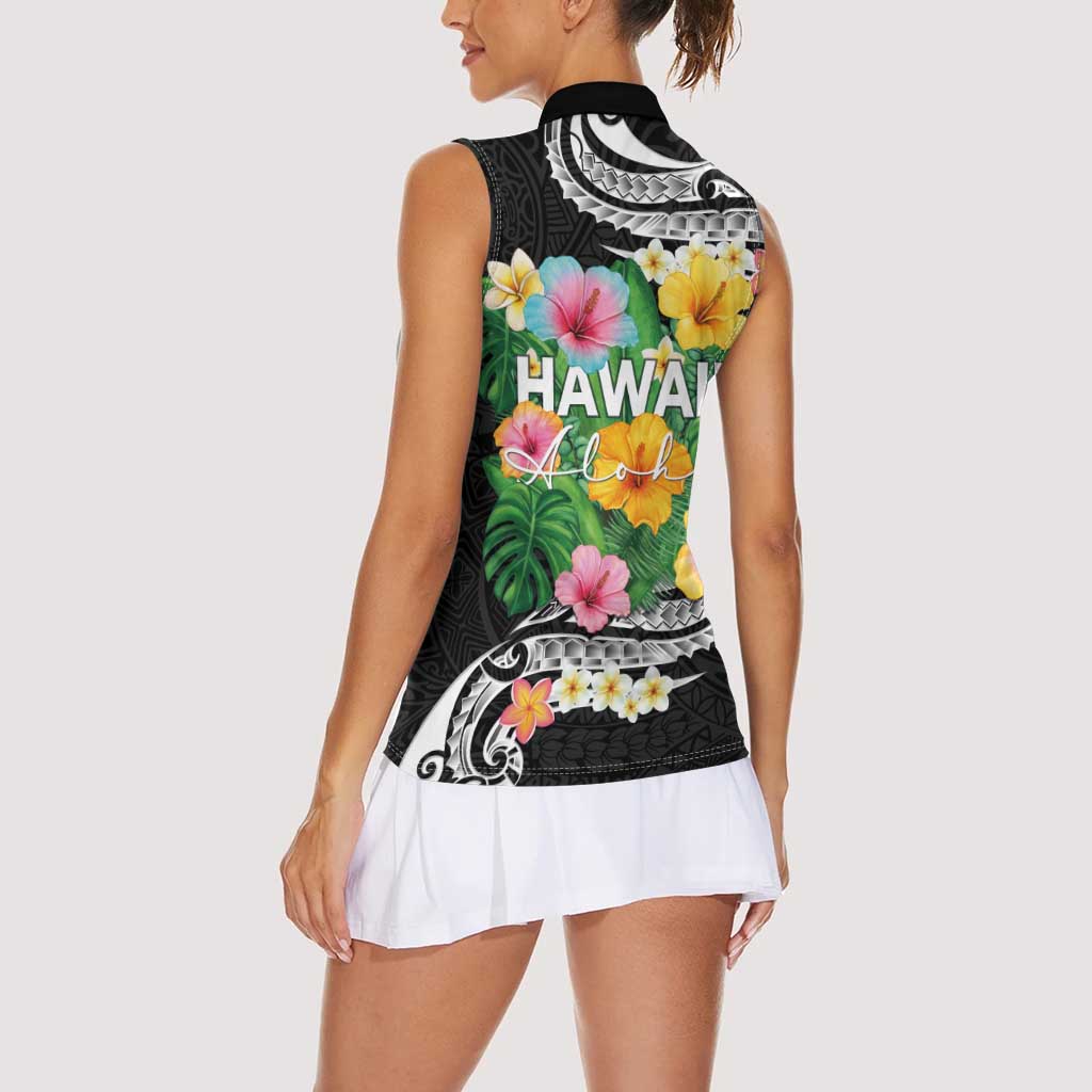 Hawaii Aloha Tropical Leaves and Flower Women Sleeveless Polo Shirt with Polynesian Art Tattoo Black Color - Polynesian Pride