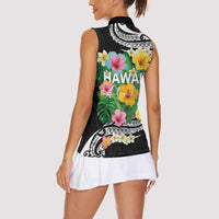 Hawaii Aloha Tropical Leaves and Flower Women Sleeveless Polo Shirt with Polynesian Art Tattoo Black Color - Polynesian Pride