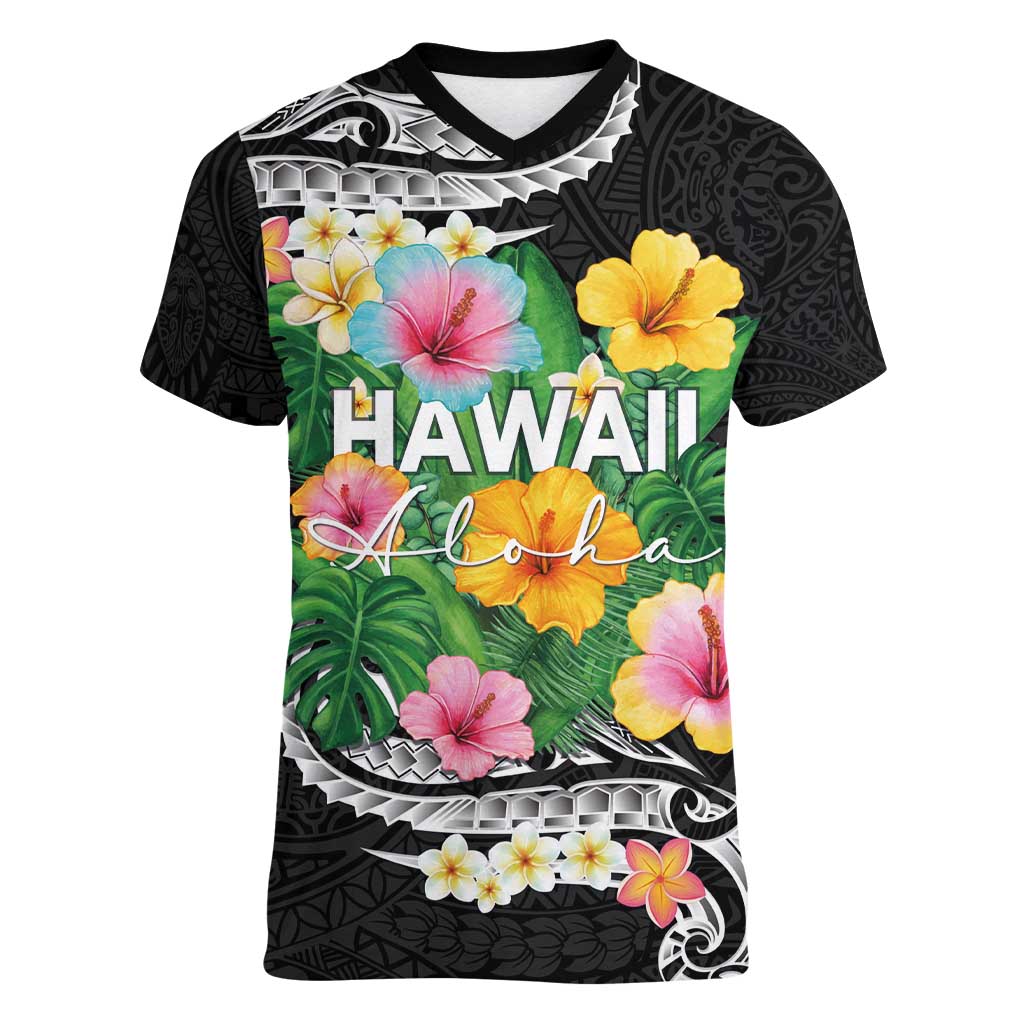 Hawaii Aloha Tropical Leaves and Flower Women V-Neck T-Shirt with Polynesian Art Tattoo Black Color - Polynesian Pride