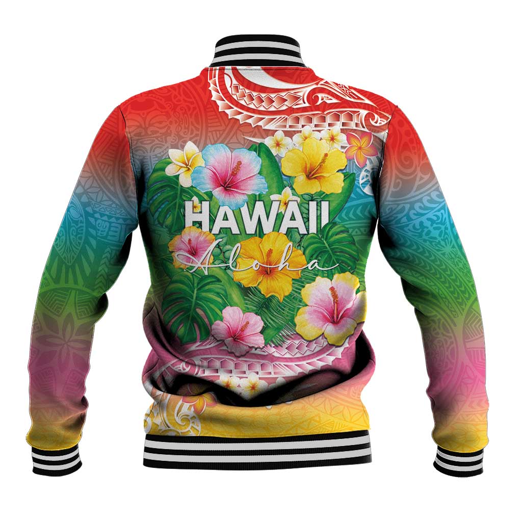 Hawaii Aloha Tropical Leaves and Flower Baseball Jacket with Polynesian Art Tattoo Rainbow Color - Polynesian Pride
