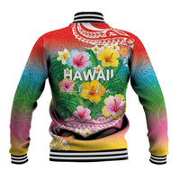 Hawaii Aloha Tropical Leaves and Flower Baseball Jacket with Polynesian Art Tattoo Rainbow Color - Polynesian Pride