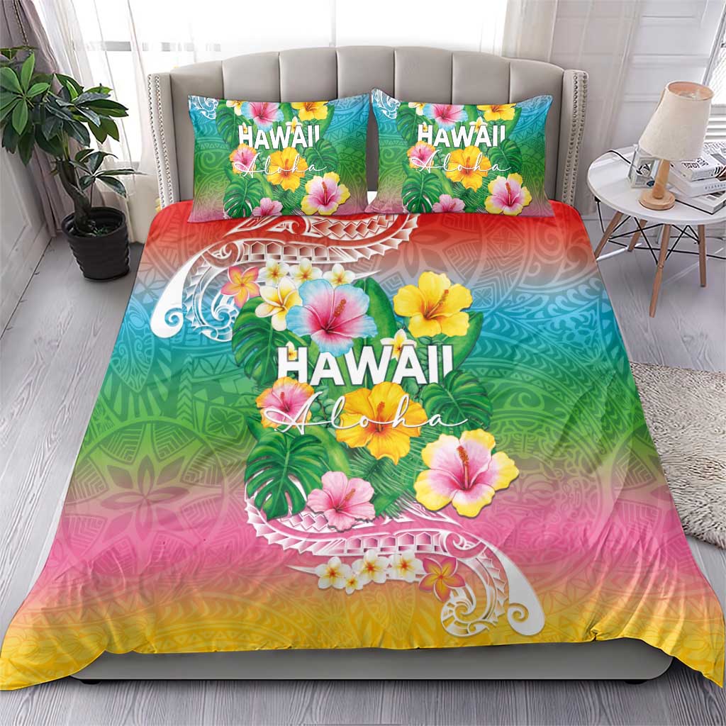 Hawaii Aloha Tropical Leaves and Flower Bedding Set with Polynesian Art Tattoo Rainbow Color - Polynesian Pride