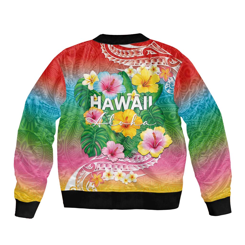 Hawaii Aloha Tropical Leaves and Flower Bomber Jacket with Polynesian Art Tattoo Rainbow Color - Polynesian Pride